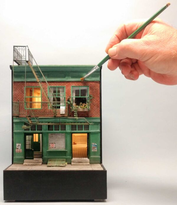 Ken Hamilton Storefront in Green 1/2" scale mixed media [SOLD]